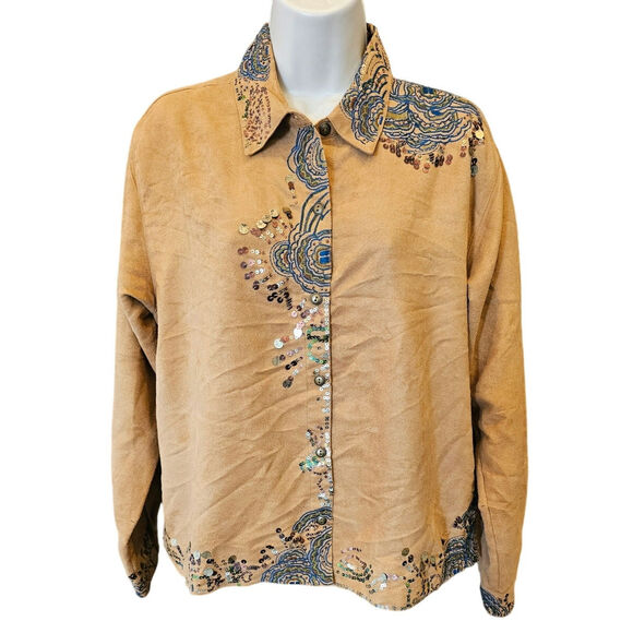 Chicos faux suede shaket 1 (M) sequin embroidered whimsical tan button up top - Picture 1 of 7